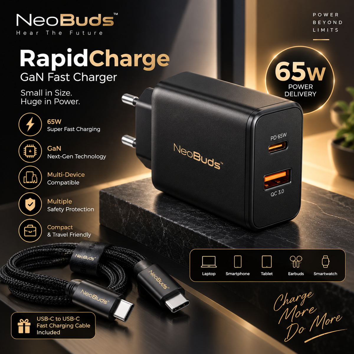 NeoBuds ChargeCore 65 – 65W GaN Fast Charger