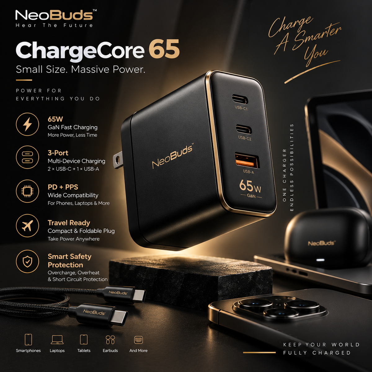 NeoBuds ChargeCore 65 – 65W GaN Fast Charger